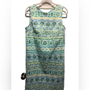 Talbots Sleeveless Midi Dress Green/Yellow/Teal SeaShell w/pockets.  SZ 8 EUC